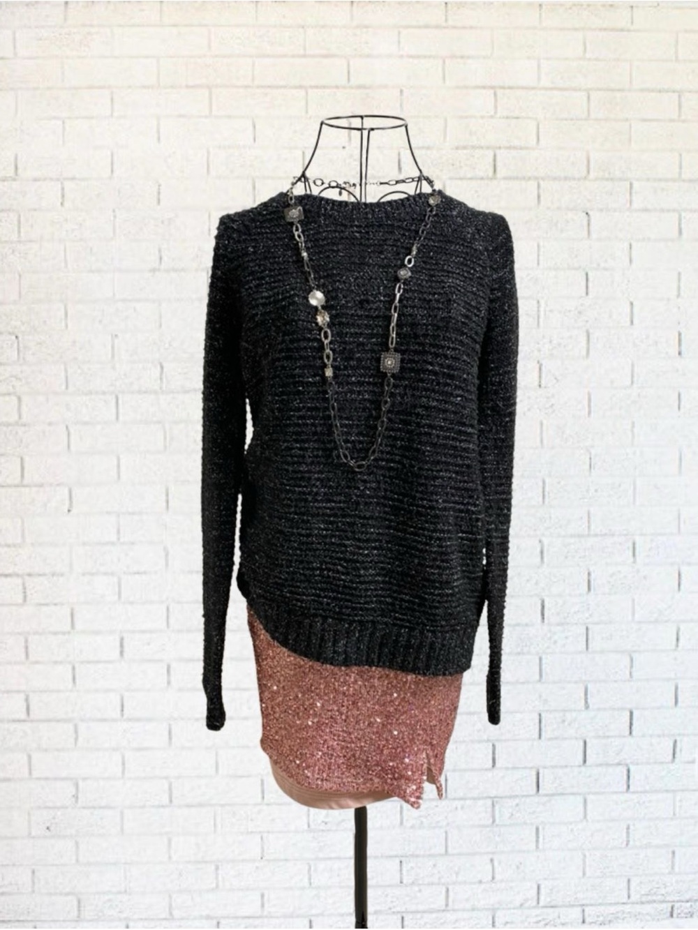 Black Sweater Vintage 90's Faded Glory Women Small Metallic Sparkle Long Sleeve